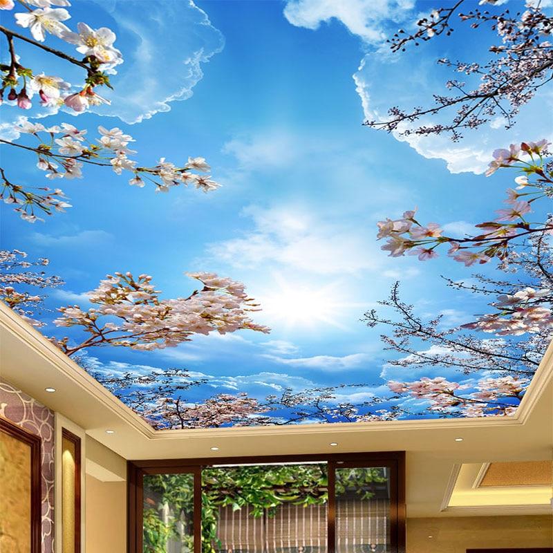 Romantic Blue Sky White Clouds Cherry Blossoms Photo Wallpaper 3D Ceiling Mural Living Room Theme Hotel Pastoral Decor Wallpaper|photo wallpaper 3d|photo wallpaperwallpaper 3d