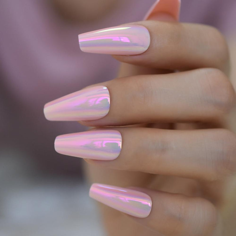 Shiny Holographic Pink Almond Press on False Nails Long Reflective Mirror Ballerina Coffin Fake Fingersnails Extention Tool|False Nails