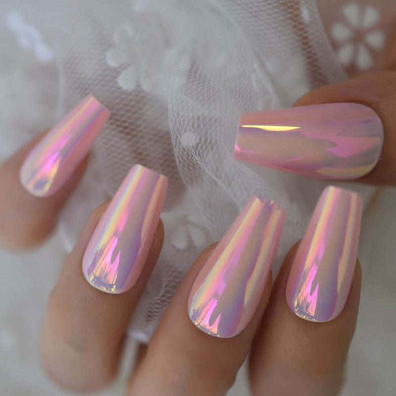 Shiny Holographic Pink Almond Press on False Nails Long Reflective Mirror Ballerina Coffin Fake Fingersnails Extention Tool|False Nails