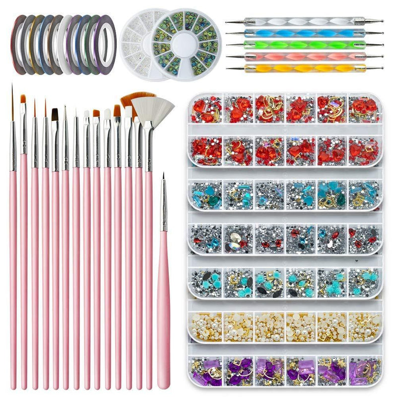 Artdone 6 boxes nail Rhinestones Nail Crystal gems Bling Jewelry Nail Art Tool with 15pcs Nail Painting Brushes, Nail Dotting Tool, Manicure Tape Color Rhinestones for Nails