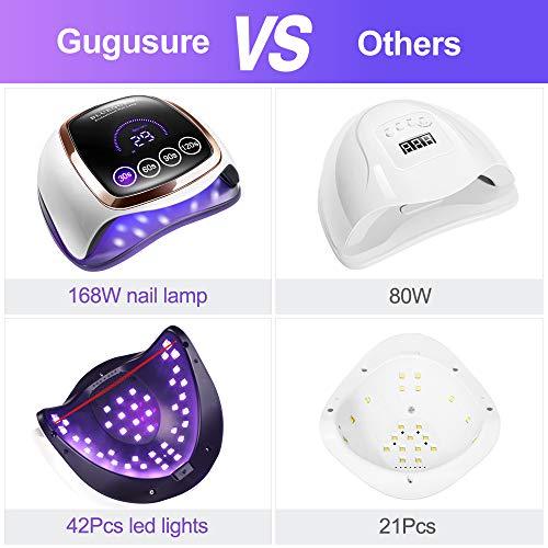 UV LED Nail Lamp, Gugusure 168W Nail Curing Lamps for Home & Salon, Led Nail Dryer for Gel Polish with Automatic Sensor/4 Timer Setting, Professional Nail Art Tools for Fingernail and Toenail Nail