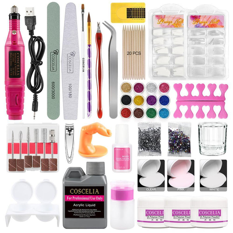 Full Nail Manicure Set Pro Acrylic Kit With Drill Machine Acrylic Liquid Nail Glue Glitter Powder Nail Tips Nail Art Tool Kit|Sets & Kits