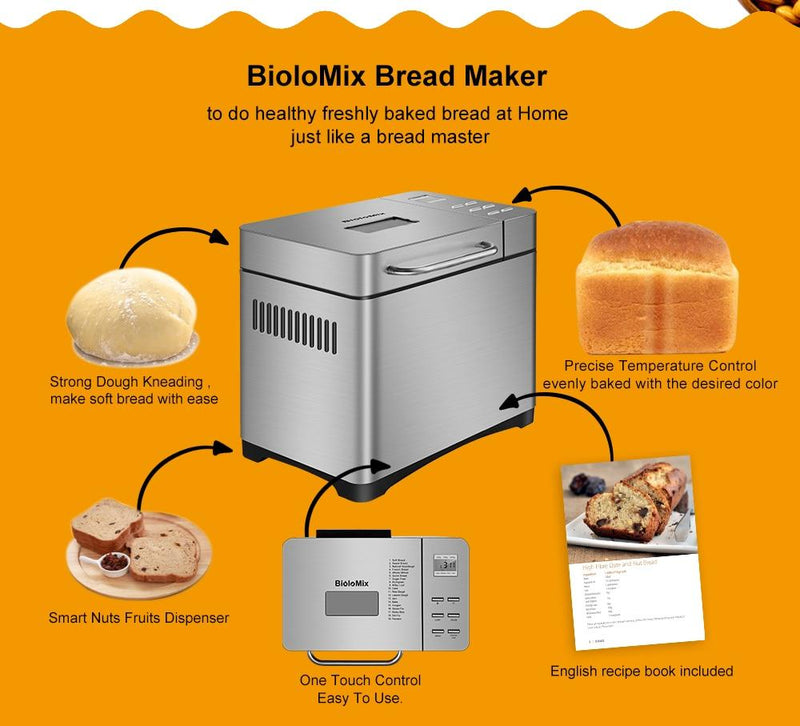 Biolomix Stainless Steel 1KG 17 in 1 Automatic Bread Maker 650W Programmable Bread Machine with 3 Loaf Sizes Fruit Nut Dispenser|Bread Makers