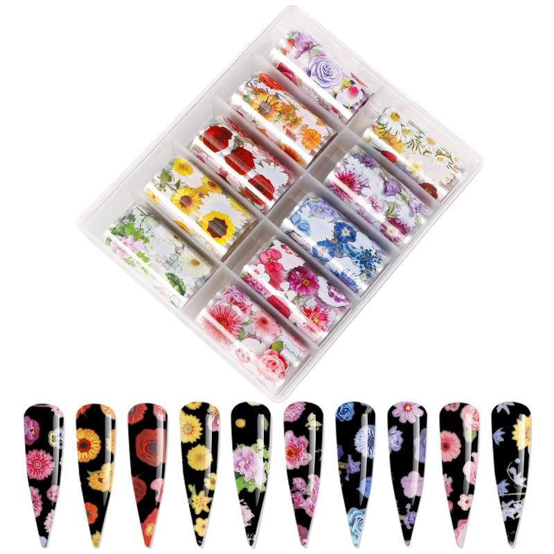 hot selling FOIL BOX Flowers Mix 10 / foil nail paper Flowers & leaves 10 different patterns of nail transfer foils decals|Stickers & Decals