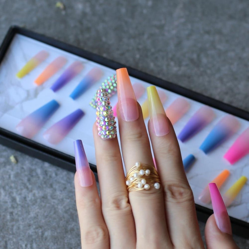 luxury coffin AB Rhinestone summer false nails ombre Rainbow French coffin Extra fake nail Crystal sparkleYellow orange red nud|False Nails