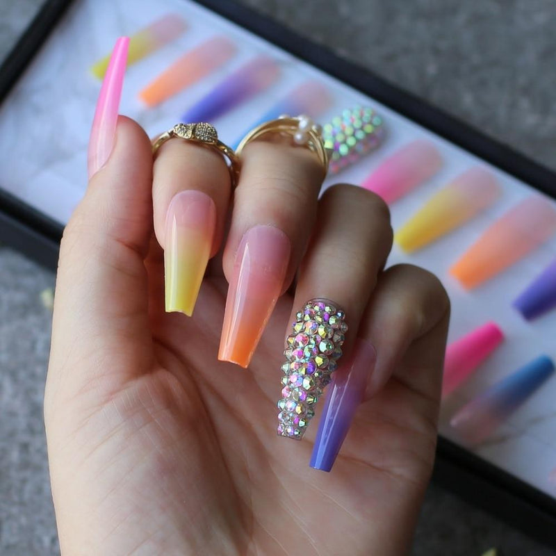 luxury coffin AB Rhinestone summer false nails ombre Rainbow French coffin Extra fake nail Crystal sparkleYellow orange red nud|False Nails