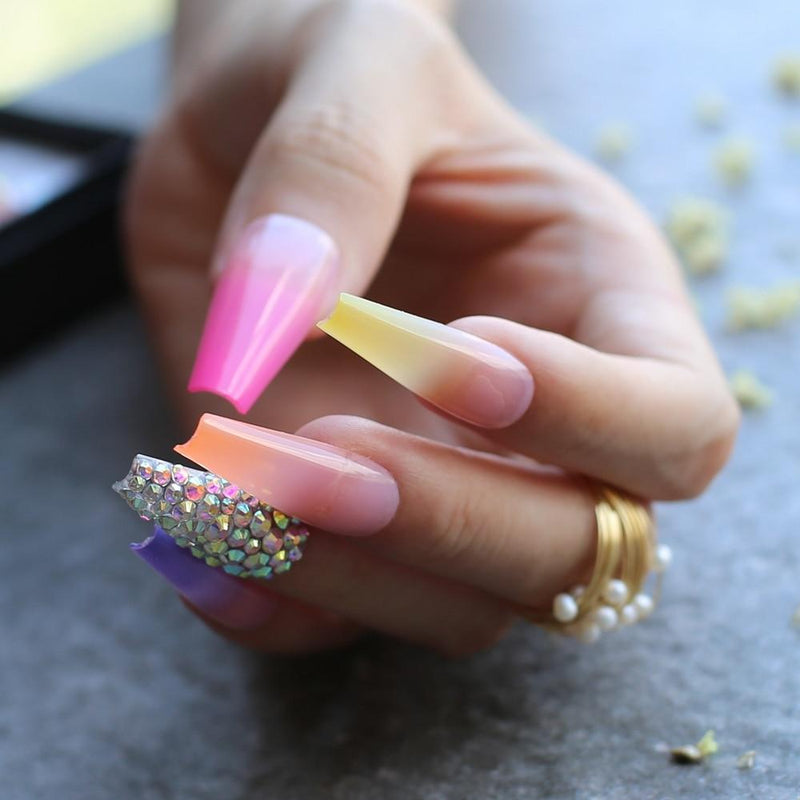 luxury coffin AB Rhinestone summer false nails ombre Rainbow French coffin Extra fake nail Crystal sparkleYellow orange red nud|False Nails