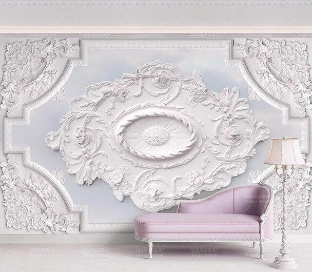 beibehang Custom European white plaster line carved wallpaper bedroom decor sky ceiling background photo mural wall paper roll|Wallpapers