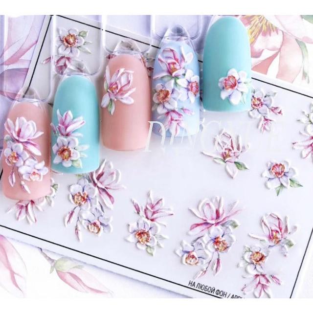 1pc 3D Acrylic Engraved Nail Sticker Embossed White&Pink Color Flower Water Decals Empaistic Nail Water Slide Decals Z0342|Stickers & Decals