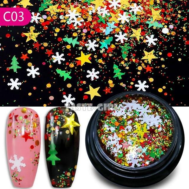 Mix Christmas Snowflake Xmas Tree Starlights Holo Nail Glitter Sequins Nail Art Slice Stickers Decoration 12 Grids/Box Or 1 Jar|Rhinestones & Decorations