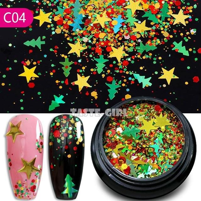 Mix Christmas Snowflake Xmas Tree Starlights Holo Nail Glitter Sequins Nail Art Slice Stickers Decoration 12 Grids/Box Or 1 Jar|Rhinestones & Decorations