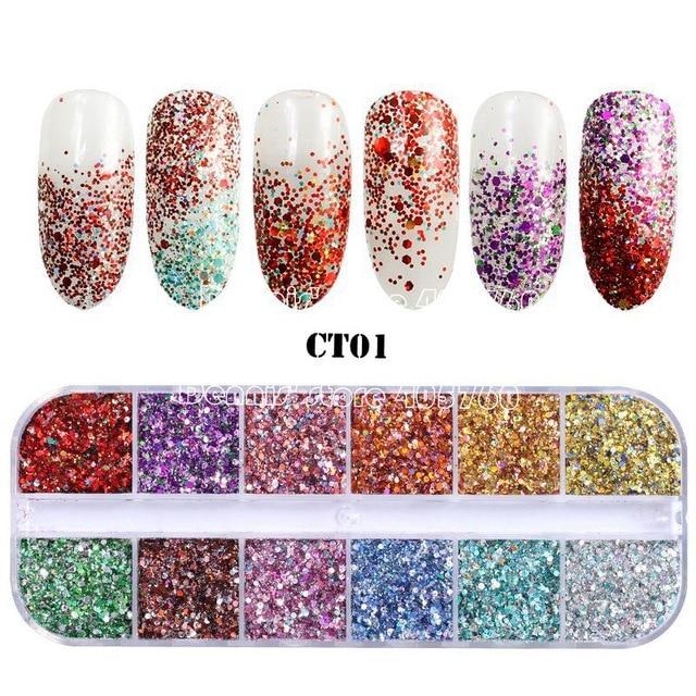 12 Grids/Set Combined Glitter Holographic Sequins Sugar Marble Powder Dried Flower Mylar Foil Shell Nail Art Decoration DIY CT