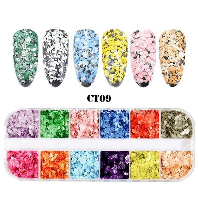 12 Grids/Set Combined Glitter Holographic Sequins Sugar Marble Powder Dried Flower Mylar Foil Shell Nail Art Decoration DIY CT