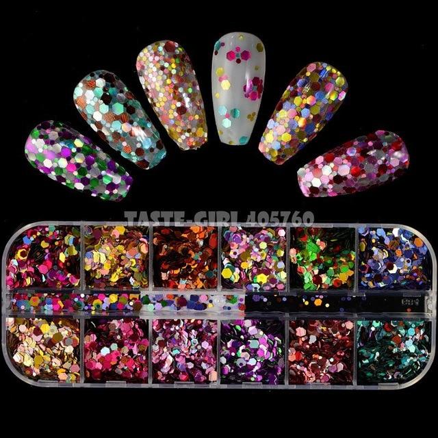 12 Grids/Set Combined Glitter Holographic Sequins Sugar Marble Powder Dried Flower Mylar Foil Shell Nail Art Decoration DIY CT