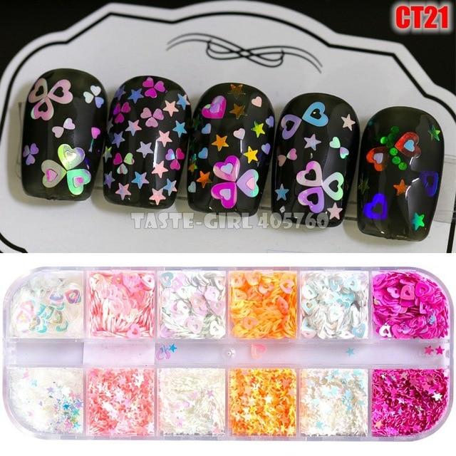 12 Grids/Set Combined Glitter Holographic Sequins Sugar Marble Powder Dried Flower Mylar Foil Shell Nail Art Decoration DIY CT