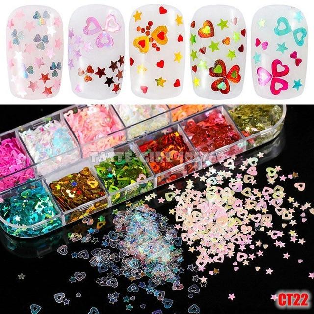 12 Grids/Set Combined Glitter Holographic Sequins Sugar Marble Powder Dried Flower Mylar Foil Shell Nail Art Decoration DIY CT