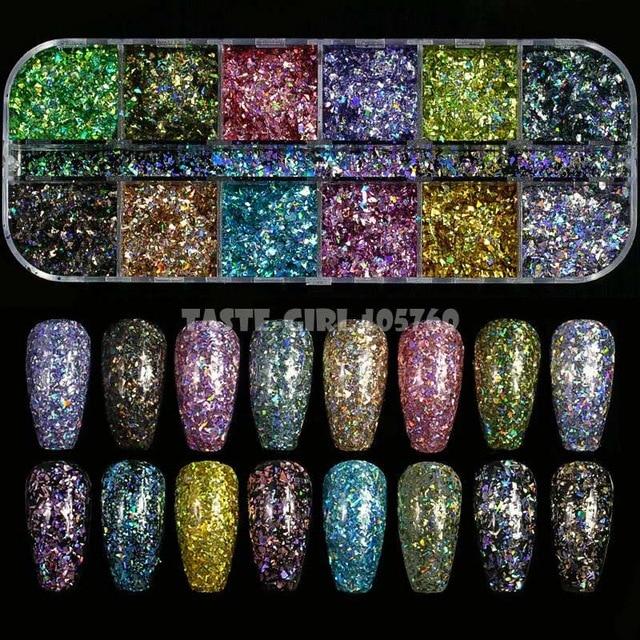 12 Grids/Set Combined Glitter Holographic Sequins Sugar Marble Powder Dried Flower Mylar Foil Shell Nail Art Decoration DIY CT