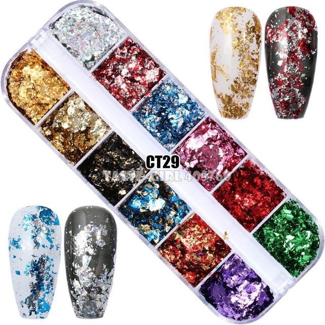 12 Grids/Set Combined Glitter Holographic Sequins Sugar Marble Powder Dried Flower Mylar Foil Shell Nail Art Decoration DIY CT