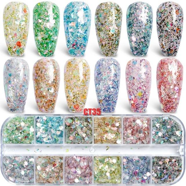 12 Grids/Box Mix Starr Hexagon Sequins Nail Glitter Holographic Laser Paillette Nail Art Slice Decoration Manicure Tips CT|Rhinestones & Decorations