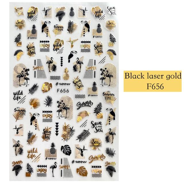 1pcs Black Laser Gold Autumn Leaf 3D Nail Sticker Coconut Tree Leaf Pattern Adhesive Transfer Sticker Shiny DIY Nail Decoration|Stickers & Decals