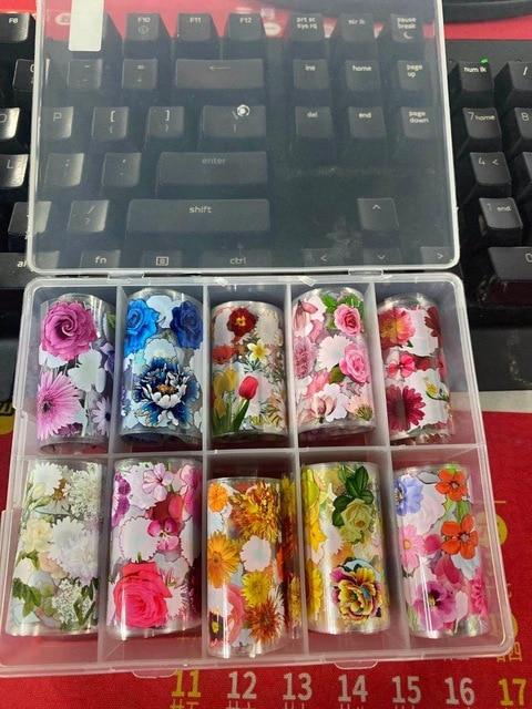 hot selling FOIL BOX Flowers Mix 10 / foil nail paper Flowers & leaves 10 different patterns of nail transfer foils decals|Stickers & Decals