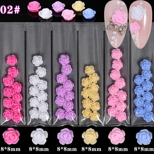 6Grids/Pack 3D Rose Various Petal Resin Glazed Flowers Pearl Arylic Nail Art Rhinestone Gems Decorations Manicure DIY Tips GZH