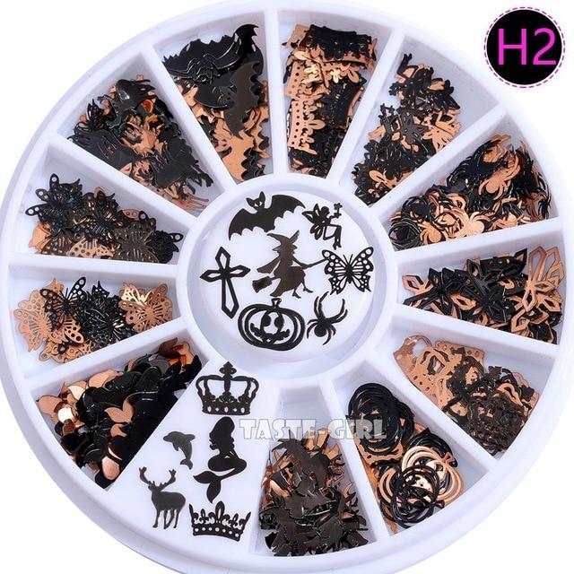 Brone Black Mix Halloween Shape Pumpkin Face Witch Spider Net Black Cat Bat Metallic Nail Art Sequins Decals Gem DIY Wheel|Rhinestones & Decorations