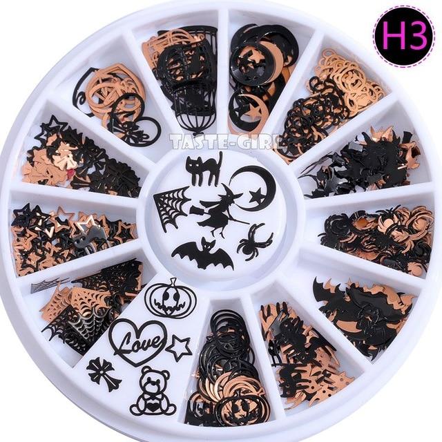 Brone Black Mix Halloween Shape Pumpkin Face Witch Spider Net Black Cat Bat Metallic Nail Art Sequins Decals Gem DIY Wheel|Rhinestones & Decorations