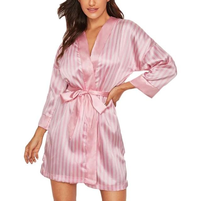 Plus Size Sexy Lingerie Women Silk Striped Long Sleeve Robe Satin Bathrobe Wedding Bride Sleepwear Pajamas Dressing Gown